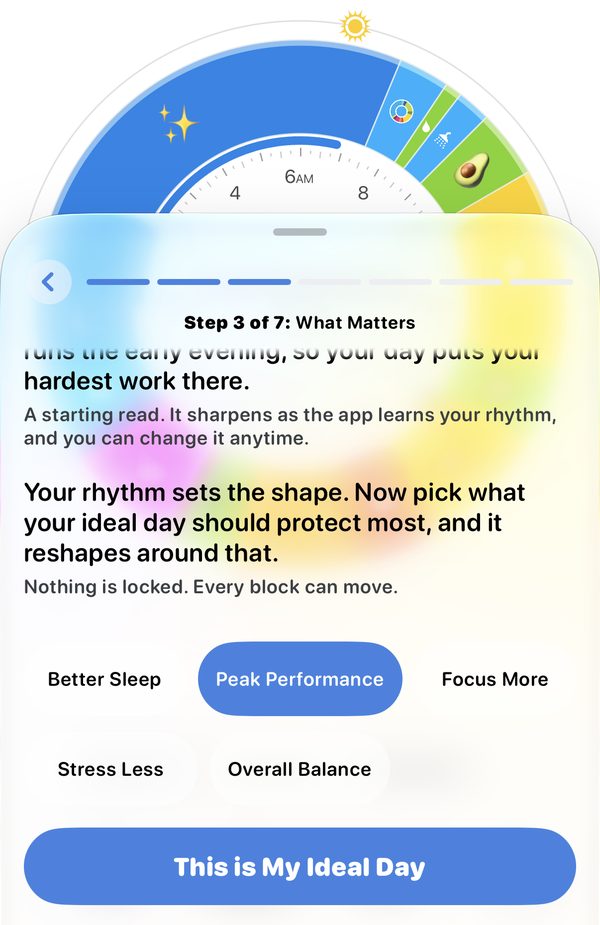 Owaves onboarding, step 3: after the person picks Peak Performance as a goal, the day plan behind the card fills in with colored activity blocks.