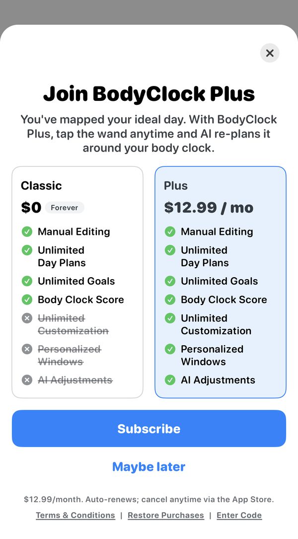 Owaves upgrade offer after onboarding: it says the person has mapped their ideal day, compares the free Classic plan with Plus at $12.99 a month, and offers Maybe later.