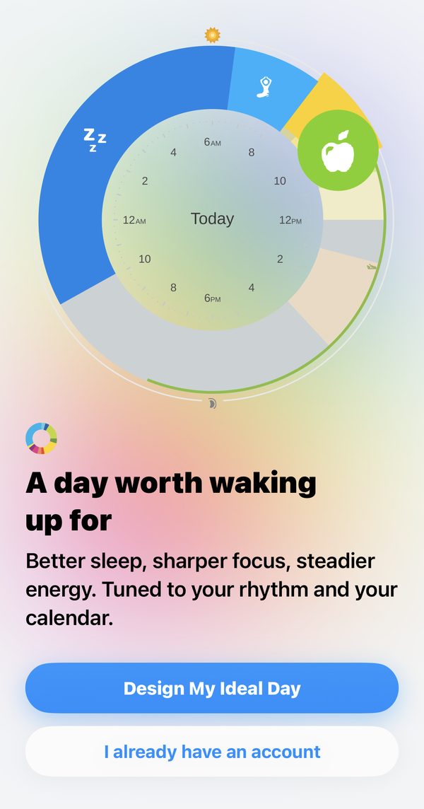 Owaves opening screen: a colored 24-hour day clock with the headline A day worth waking up for and a Design My Ideal Day button.
